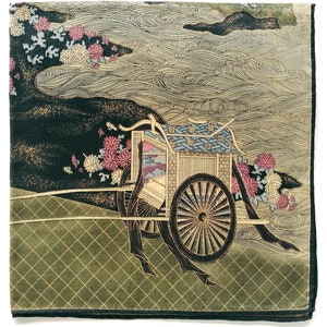 Japanese Vintage Handkerchief Ox Cart and Flowers 19" x 19" I Free Delivery on order 35 USD Just buys multiple items together in order