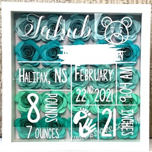 Teal paper flower shadow box with date '22 2021' and '7 Ounces' text