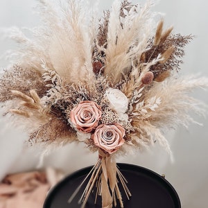 Boho dried flower bouquet with preserved blush roses and pampas grass