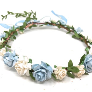 Light blue and cream rose floral crown with green leaves, halo headband
