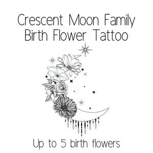 Crescent moon birth flower tattoo design with line-art flowers and small stars