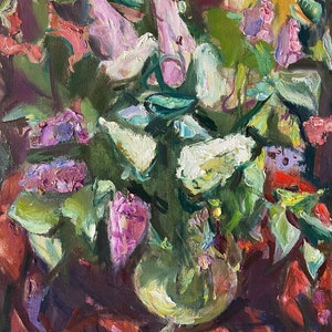 Oil painting on canvas with colorful floral blossoms and green leaves, lilac accents