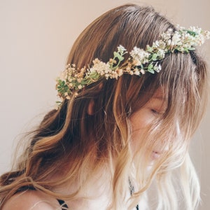 Herb and flower crown with small white and green blooms and dried accents