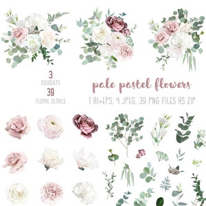 Silver sage green and blush pink flowers vector design big set. Dusty rose, white carnation, mauve rose, ranunculus, eucalyptus, greenery