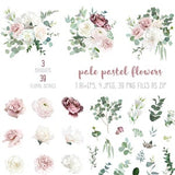 Silver sage green and blush pink flowers vector design big set. Dusty rose, white carnation, mauve rose, ranunculus, eucalyptus, greenery