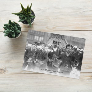 Greeting card with black-and-white floral delivery illustration and vintage boys characters