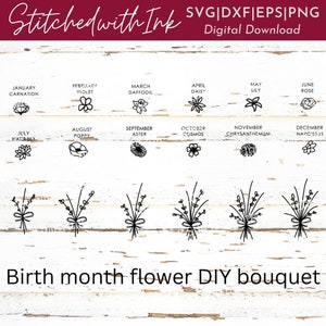 Birth month flower SVG design sheet with wildflower sketches and month labels, line art