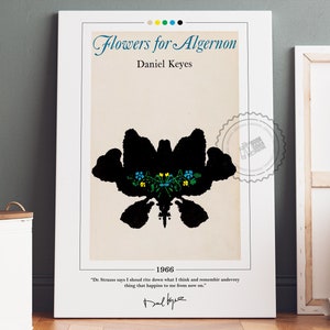 Book cover poster with “Flowers for Algernon” and Daniel Keyes, dark flower silhouette