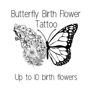 Butterfly birth flower tattoo design in black line art, digital download up to 10