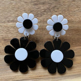Dangling clip on floral earrings, black and white daisies, flower earrings for unpierced ears