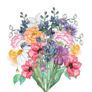 Watercolor birth flower bouquet illustration with blue, pink, orange, and purple blooms