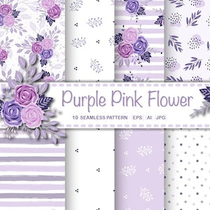 Purple floral digital paper set with lilac roses, dots, leaves, and striped patterns