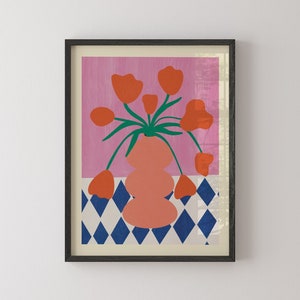 Pink tulip vase wall art print with blue diamond checkered accents