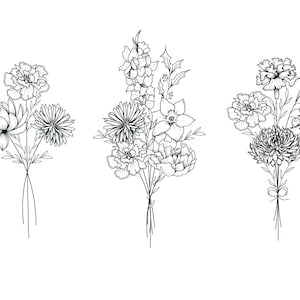 Family birth flower tattoo bouquet printable, line-art sketch with three flower clusters