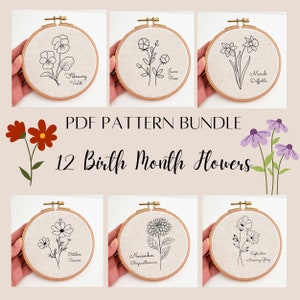 Floral hand embroidery pattern bundle with 12 birth month flower line designs in hoops