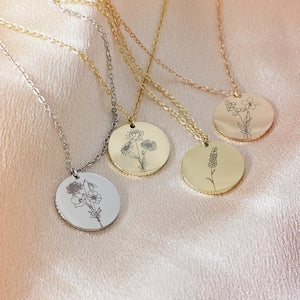 Birth flower pendant necklace with round discs and floral engraving