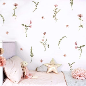 Floral and leaf fabric wall stickers with pink flowers, green vines, and star accents