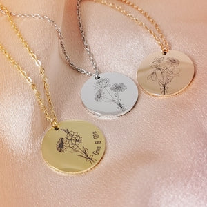 Round birth-flower pendant necklace with three discs on gold and silver chains