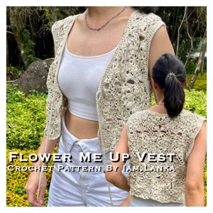 Light beige crochet vest with openwork flower pattern, scalloped edges.