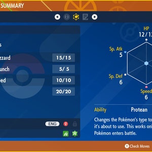 Video game battle status screen with HP, stats, and ability details
