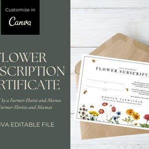 Floral flower subscription certificate with kraft envelope and colorful border flowers