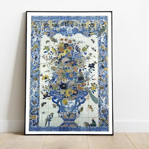 Framed vintage blue floral wall tile print with blue vase and ornaments