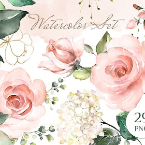 Watercolor rose bouquet clipart with pink roses, green leaves and soft floral blooms