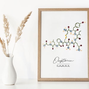 Framed oxytocin molecule wall art print with botanical pressed-flower accents and molecule diagram