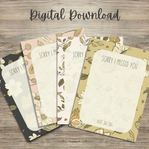 Vintage floral printable note cards with 'Sorry I Missed You' text