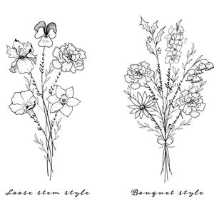 Printable flower bouquet line art in loose-stem and banquet-style layouts