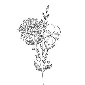Birth flower bouquet line art tattoo design, black floral stems with blossoms and leaves
