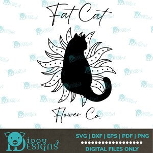 Cat logo SVG with black cat silhouette and flower petals; digital design graphic