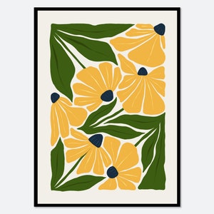 Abstract botanical flowers art print with yellow-orange blooms, green leaves, dark accents, framed.