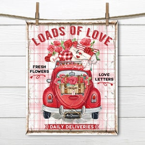 Valentine love bug fabric transfer print with red truck, roses, and text