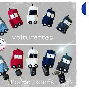 Crochet car key rings in red, white, blue, and black
