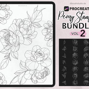 Peony tattoo stamp brush set with black line-art flower icons for Procreate