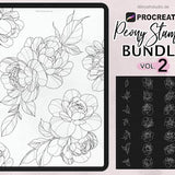 Procreate - 100 Peony Tattoo Stamps -  Commercial Use, Procreate Brushes