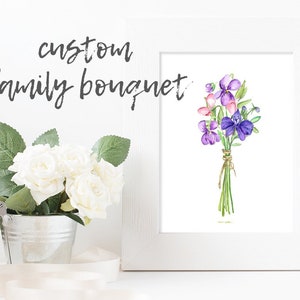 Framed watercolor bouquet print with purple blossoms and green leaves