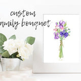 Custom Watercolor floral bouquets - Botanical Art Watercolor Print, Family birth month flowers
