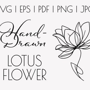 Hand-drawn lotus flower line art with script text reading 'Hand-Drawn LOTUS FLOWER'
