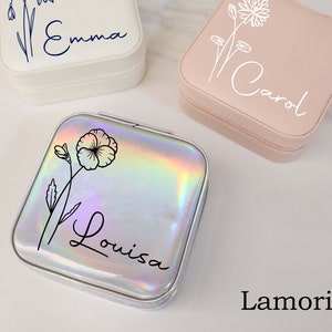Iridescent metal travel jewelry case with printed flower and name Louisa