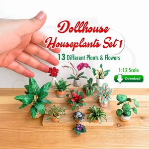 Mini dollhouse houseplants set with 13 paper plants and flowers, 1:12 scale, download