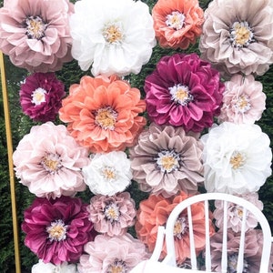 Set of 10 paper flowers in pink, white, peach and purple for a flower wall backdrop