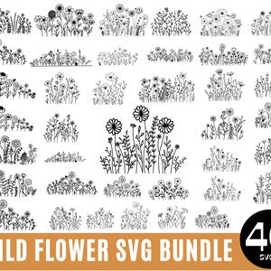 40 Wildflowers svg, Bouquet SVG, Floral svg, Minimalist Svg, nature svg, floral frame svg, Split monogram svg, flower sketch svg