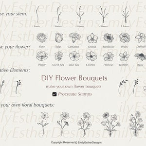 Botanical flower bouquet stamp sheet with line-art bouquets and individual flowers