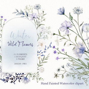Watercolor wildflower frame clipart with blue and lavender blossoms and stems