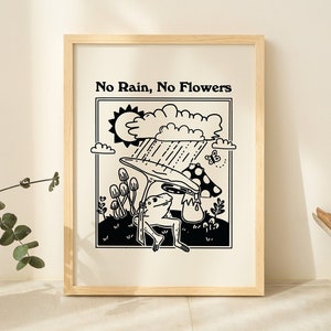 Framed black-and-white frog quote wall print: “No Rain, No Flowers” with plants and clouds