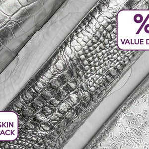 Silver metallic lambskin leather hide with crocodile embossed texture
