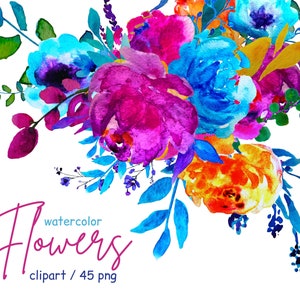 Watercolor flower clipart set with bright blooms, leaves, and branches, 45 PNGs
