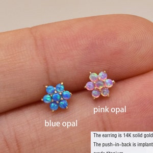 14k gold opal flower stud earrings, blue and pink opal petals with push-back.